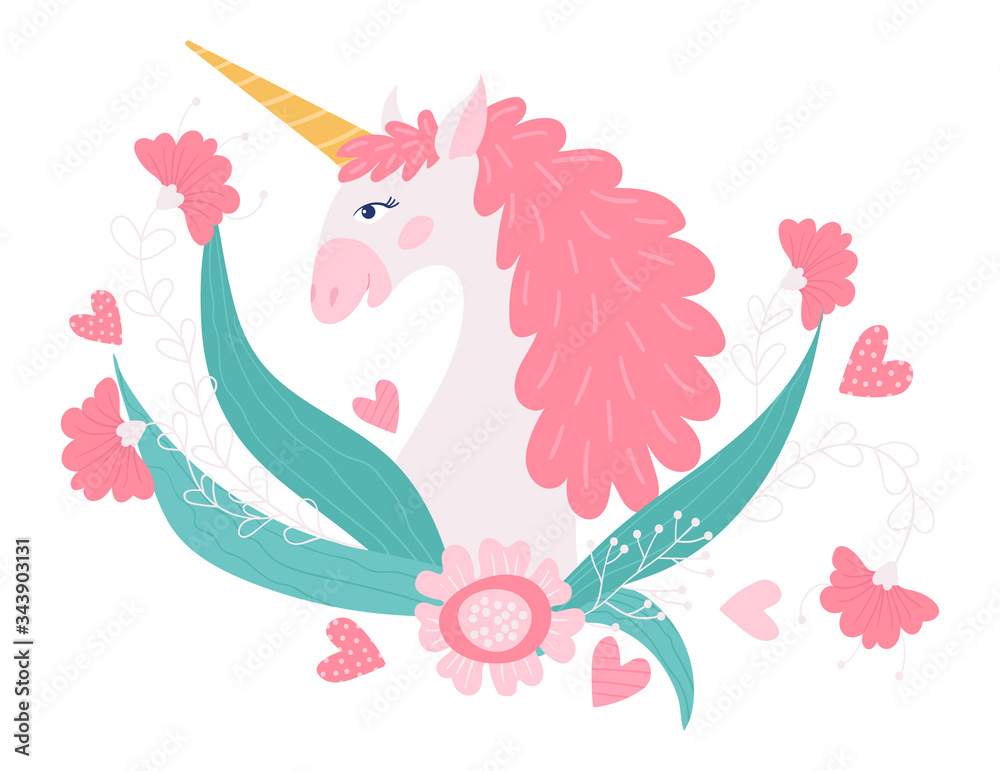 Obraz premium Unicorn horse magical fantasy animal cute cartoon characters vector illustration. Fairytale creature, night sky icons in flat style. Friendship childish romantic dream