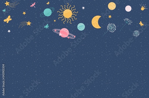 Dark abstract cosmo background with planet moon and star, sun or nature as butterfly, dragonfly and dandelion blue pattern, vector illustration. Night sky hand drawn doodle astronomical background