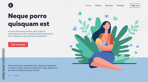 New mother feeding baby with breast. Young woman holding little child in arms. Vector illustration for breastfeeding, health, baby food, motherhood, care concept