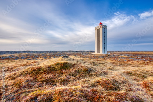 Hraunhafnartangi Lighthouse, Raufarhofn/Iceland; Apr. 18, 2017. Hraunhafnartangi Lighthouse is the northernmost lighthouse in Iceland. It is located about 800 meters south of the Arctic Circle. photo
