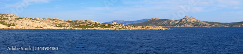 La Maddalena, Sardinia, Italy - Panoramic view of La Maddalena archipelago Tyrrhenian Sea coastline with La Maddalena island beaches