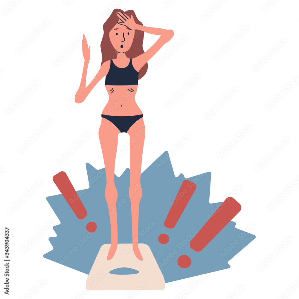 Sad and frustrated young woman standing in underwear on scales and shocked by the result of her weight, isolated on white vector illustration in cartoon flat style. Unsatisfied woman standing on a Sad and frustrated young woman standing in underwear on scales and shocked by the result of her weight, isolated on white vector illustration in cartoon flat style. Unsatisfied woman standing on a