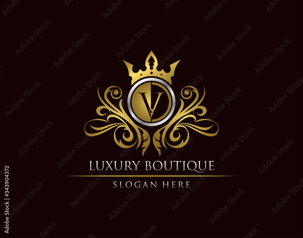Luxury Boutique V Letter Logo, Circle Gold Crown V Classic Badge Design Luxury Boutique V Letter Logo, Circle Gold Crown V Classic Badge Design