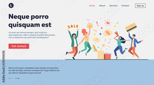 Customers celebrating sale. People holding gift, credit card, loudspeaker, dancing, having fun. Vector illustration for loyalty program, promotion, customer reward concept