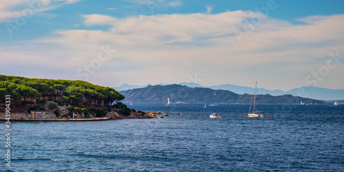 La Maddalena, Sardinia, Italy - Panoramic view of La Maddalena archipelago Tyrrhenian Sea coastline with La Maddalena island beaches