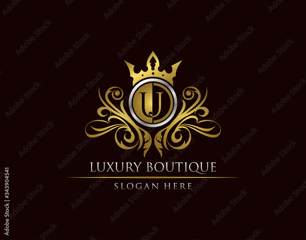 Luxury Boutique U Letter Logo, Circle Gold Crown U Classic Badge Design