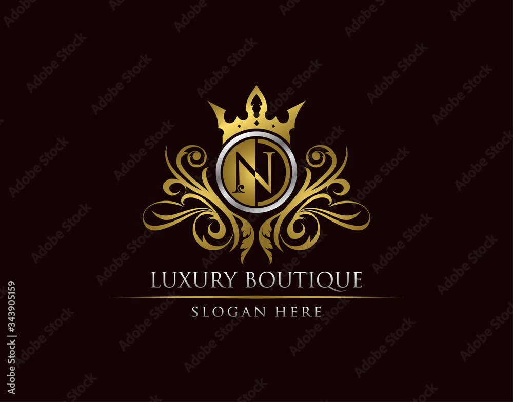 Luxury Boutique N Letter Logo, Circle Gold Crown N Classic Badge Design Luxury Boutique N Letter Logo, Circle Gold Crown N Classic Badge Design