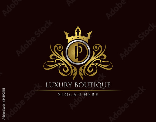 Luxury Boutique P Letter Logo, Circle Gold Crown P Classic Badge Design