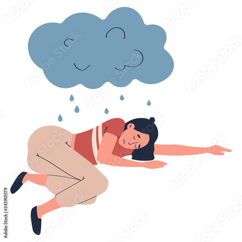 Cartoon sad, unhappy girl who lying under rain cloud associating fault, problem isolated on white vector illustration. Young woman in depression stress, health problems and headache. Psychology of
