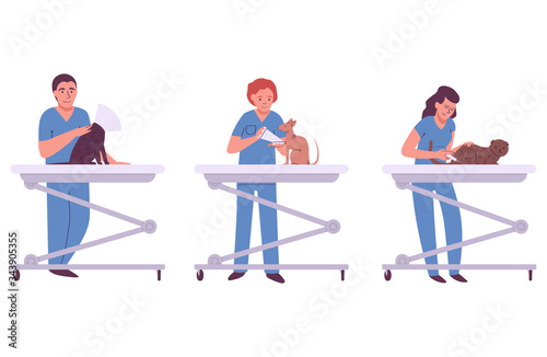 Cartoon male and female veterinary in uniform examination of different cats in veterinary clinic isolated on white vector, illustration. Pets health care background. Domestic animals treatment concept