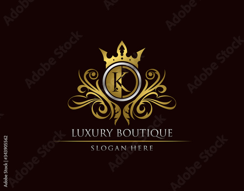 Luxury Boutique K Letter Logo, Circle Gold Crown K Classic Badge Design