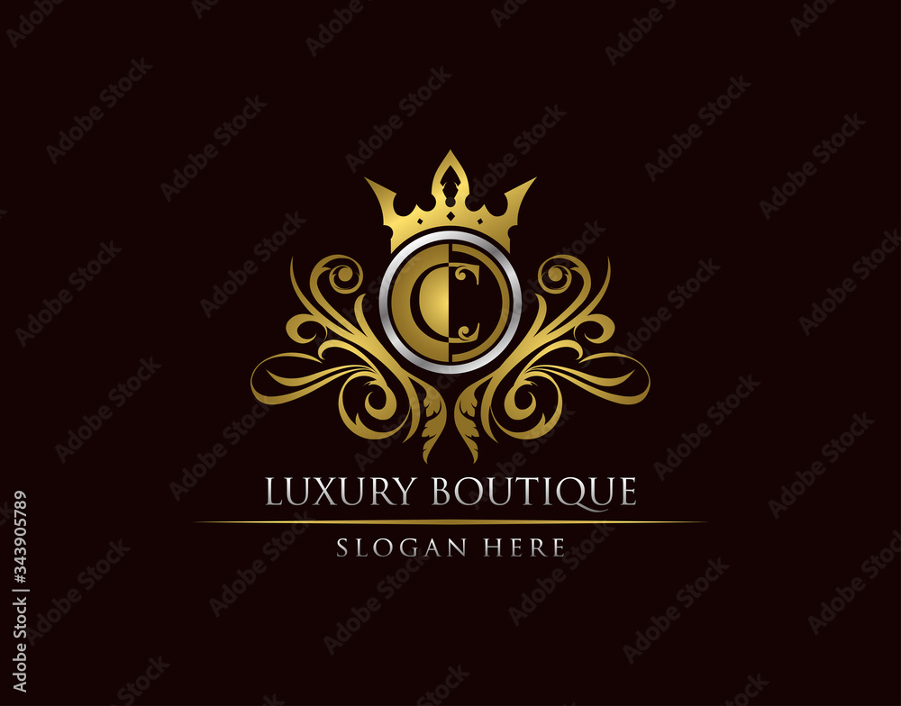 Luxury Boutique C Letter Logo, Circle Gold Crown C Classic Badge Design Luxury Boutique C Letter Logo, Circle Gold Crown C Classic Badge Design