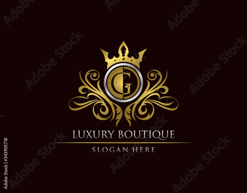 Luxury Boutique G Letter Logo, Circle Gold Crown G Classic Badge Design