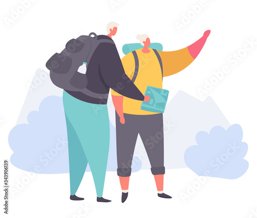 Cartoon old people traveling with big backpack and map outside isolated on white vector illustration. Senior couple spend time leisure in vacation. Elderly senior active lifestyle, happy family time