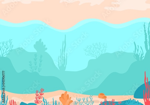 Beautiful underwater scene deep seascape with reef and coral, cartoon style vector, illustration. Ocean sea bottom silhouette with seaweed, algae and coral. Background of seaweed on the ocean floor