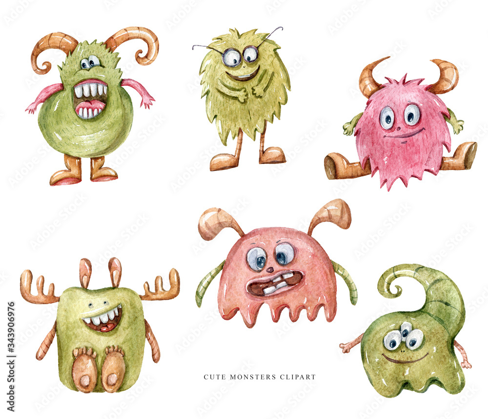 Obraz premium Watercolor hand painted set of cute funny monsters. Children's illustration isolated on white background. Cute bacteria clipart for pattern, print, poster, baby shower