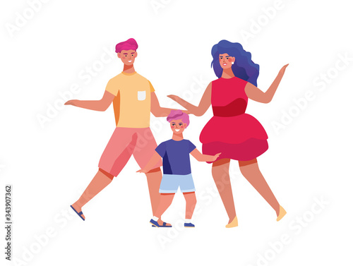 Kid with parents dancing mexican style concept and vector illustration on white background. Activities family character couple with kid dancing. Fun family mexican dance on party. Simple flat style.