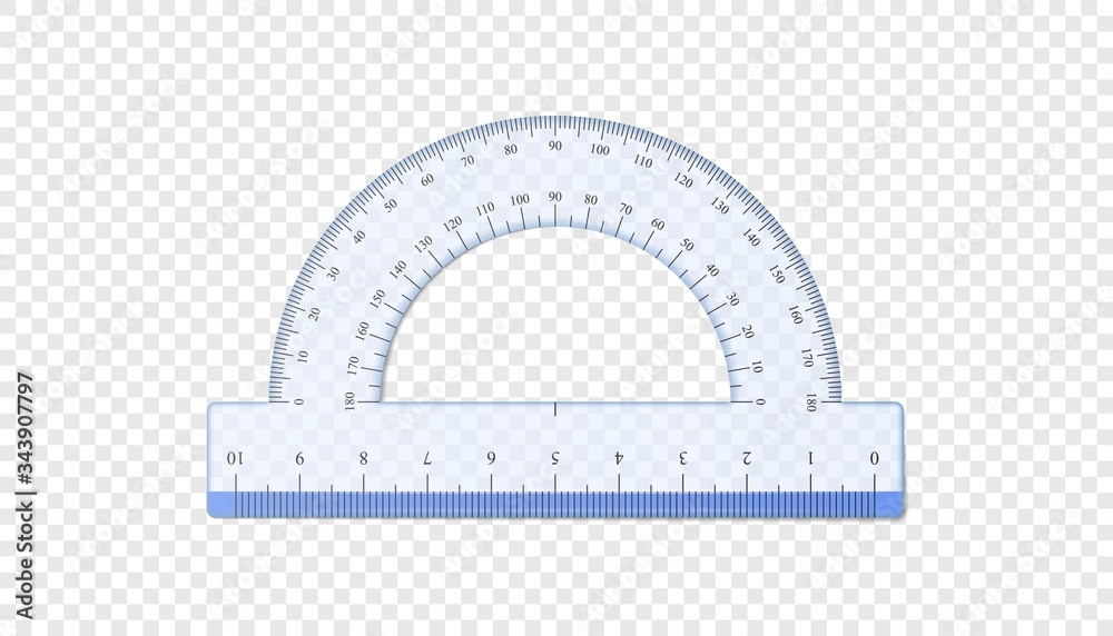 Realistic protractor. Half circle cm plastic transparent protractor mockup. Vector illustration