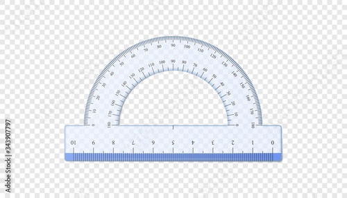 Realistic protractor. Half circle cm plastic transparent protractor mockup. Vector illustration isolated on transparent background.
