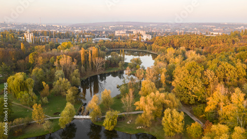 photo from the drone landscape of the reserve, autumn forest with lake
