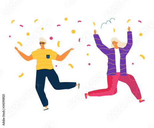 Happy jumping people, woman celebrating victory concept and vector illustration on white background. Female characters jump with cup, confetti after winning the competition. Simple flat style.