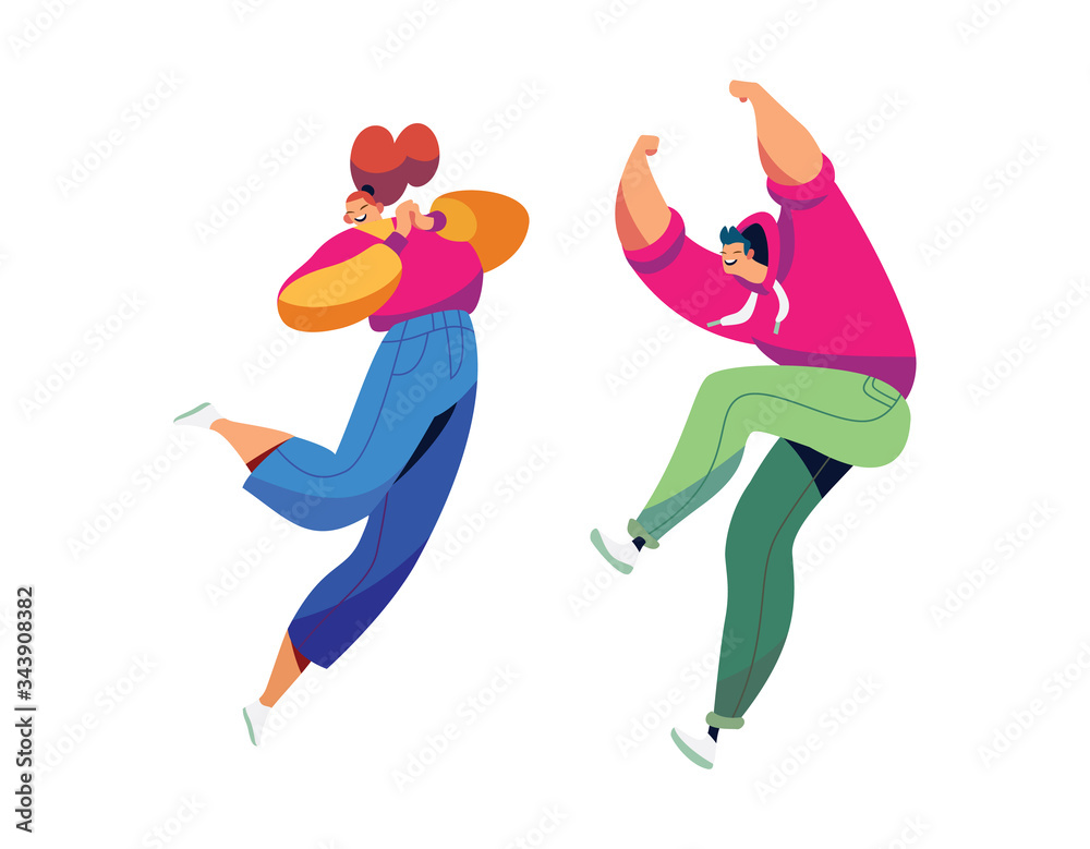 Happy people jump, fun and celebration group of people concept and vector illustration on white background. Female and male characters jump, company of people rejoices victory. Cartoon style.