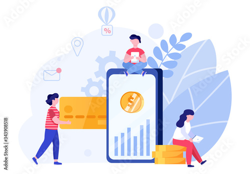 People use banking system and pay online concept and vector illustration on white background. Save cash and accumulation of money. Female and male characters with gold coins. Flat style.