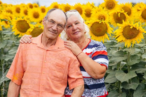 An elderly couple enjoy a walk in a field of sunflowers.