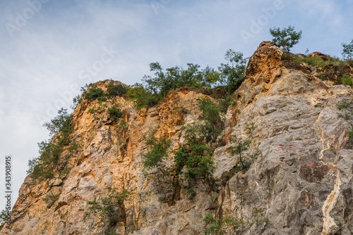 Rock mountain cliff and tree on the top isolated on white background. Beautiful Rock mountain in Khao Ngu Stone Park, Ratchaburi ,Thailand.