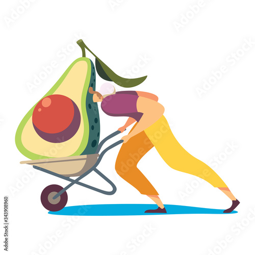 Man with avocado in cart concept and vector illustration on white background. Chef cook food. People prepare food and tasty meal. Male characters with fruit and vegetable. Flat style.