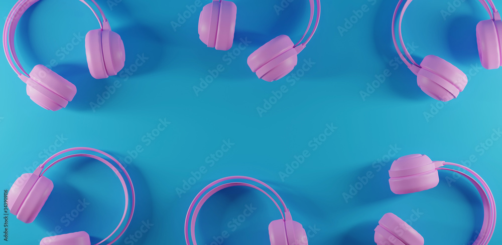 pink music headphones isolated on bright blue background. 3d rendering. pink music headphones isolated on bright blue background. 3d rendering.