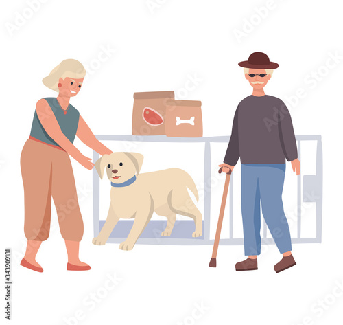 Dog give paw to kid and man concept and vector illustration on white background. Father and son, people characters. Animal nursery, help for abandoned pets, cages with dogs. Flat style.