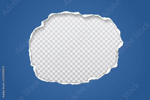 Torn blue paper hole with soft shadow, frame for text is on white squared background. Vector illustration photo