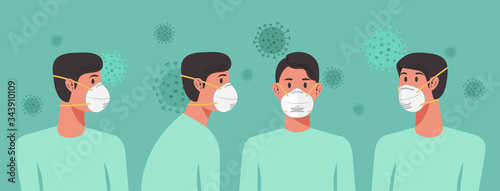 men wearing n95 masks stay at home to prevent from virus spreading, flu prevention, air pollution, coronavirus or covid-19, social isolation and self quarantine concept, vector flat illustration