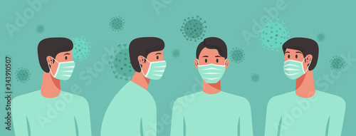 men wearing surgical masks stay at home to prevent from virus spreading, flu prevention, air pollution, coronavirus or covid-19, social isolation, self quarantine concept, vector flat illustration