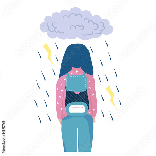 Woman walk in rain and storm, sad mood after bad day concept,vector illustration on white background. Unstable mental condition, female depression, despair and stress. Flat style.