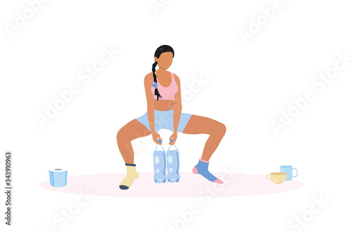 Home fitness during coronavirus quarantine. Latin woman do squats exercises with homemade weights. Improvised dumbbells or kettlebells made from bottles of water. Stay home concept. Isolated on white.