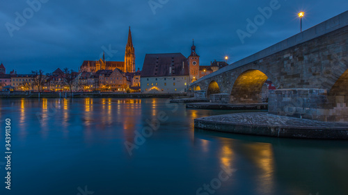 Regensburg, Germany, as seen from the old stone bridge, a world heritage town.