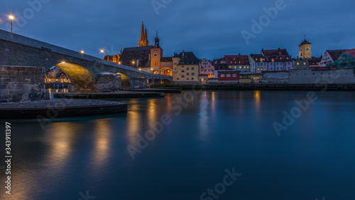The City of Regensburg in Germany in blue hour. A World Heritage Site