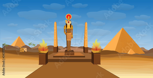 ancient Egypt desert with pyramid Egyptian deity RA and obelisk