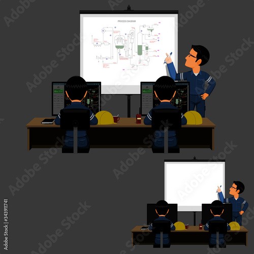 An industrial lecturer is presenting process diagram with the projector