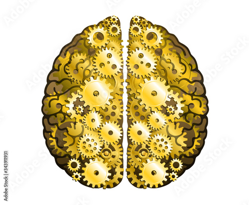 Vector Mechanical Human Brain On White Background. Cerebral Hemispheres, Convolutions Of The Mind Brain. Gold Cog Wheel And Gears, Process Of Thinking And Finding Ideas. Creativity, Brainstorm Concept