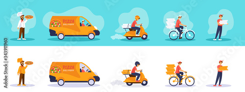Set of pizza delivery service illustration: chef, delivery van, scooter, bicycle, courier man. 