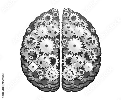 Vector Mechanical Human Brain. Silver Metal Cog Wheels And Gears. Cerebral Hemispheres, Convolutions Of The Mind Brain. Process Of Thinking And Finding Ideas. Creativity, Brainstorm Concept.