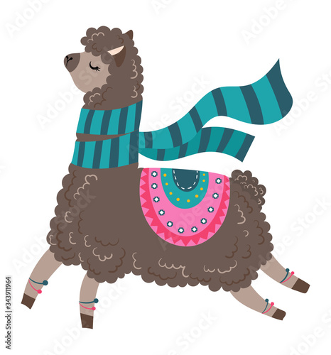 Fashionable llama character in pyjamas, glasses, camp concept and vector illustration on white background. Beautiful and playful herbivore animal, cheerful llama with big ear. Flat style.