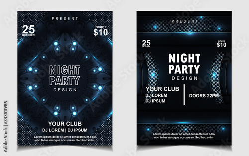 Night dance party music layout cover design template background with elegant dark blue glitters style. Light electro style vector for music event concert disco  club invitation  festival poster  party