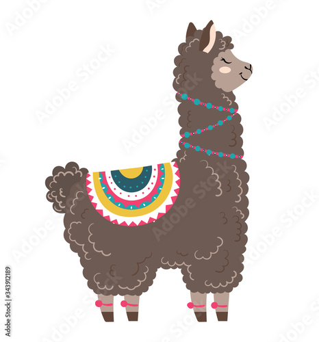 Fashionable llama character in pyjamas, glasses, camp concept and vector illustration on white background. Beautiful and playful herbivore animal, cheerful llama with big ear. Flat style.