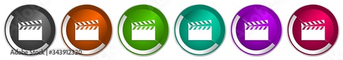 Video icon set, silver metallic chrome border vector web buttons in 6 colors options for webdesign