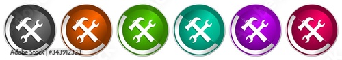 Tools icon set, service silver metallic chrome border vector web buttons in 6 colors options for webdesign