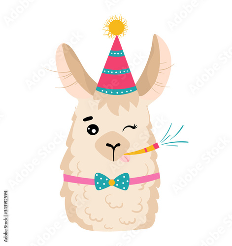 Fashionable llama character in pyjamas, glasses, camp concept and vector illustration on white background. Beautiful and playful herbivore animal, cheerful llama with big ear. Flat style.